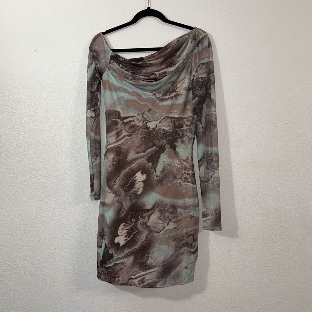 Y2K Edge‎ KS Bodycon Dress Women's XL Multicolored Marbled Mesh Sleeves Lined